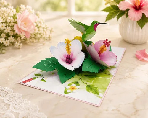 Miniatura 2 de ETA Tarjeta emergente 3D de colibrí – Tarjeta de felicitación de flores de hibisco tropical para cumpleaños, día de la madre, agradecimiento, 85F