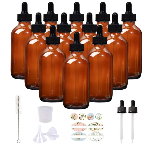 Paquete de 12 botellas de vidrio ámbar de 4 onzas con cuentagotas de vidrio para aceites esenciales, perfumes y productos químicos de laboratorio (1