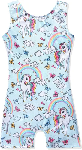 Miniatura 111 de HOZIY - Leotardos de gimnasia con pantalones cortos brillantes para niñas pequeñas; estampados de unicornio, aurora, arco iris, sirena, dinosaurio