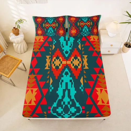 Miniatura 36 de Juego de ropa de cama occidental tamaño individual, sábanas aztecas, estilo nórdico exótico, bohemio, sábana bajera ajustable de tribu india