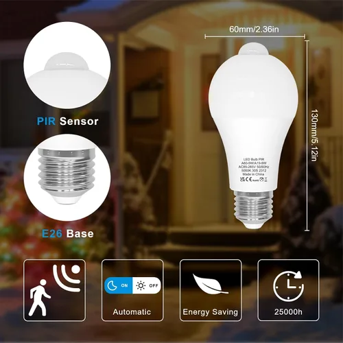 Miniatura 2 de ORALUCE Bombillas con sensor de movimiento para interiores y exteriores, equivalente a 60 vatios, A19 E26 9 W, bombilla LED activada por movimiento