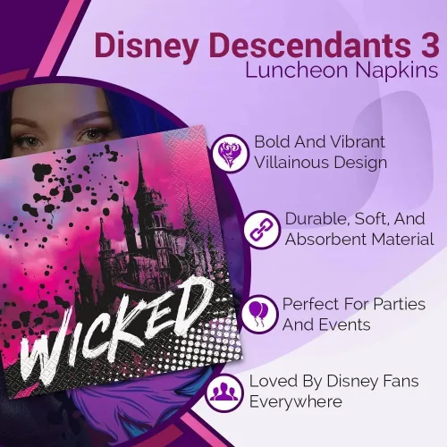 Miniatura 5 de Unique Disney Descendants 3 servilletas de papel multicolor "WICKED" (paquete de 16) – Servilletas vibrantes y ecológicas, perfectas para fiestas