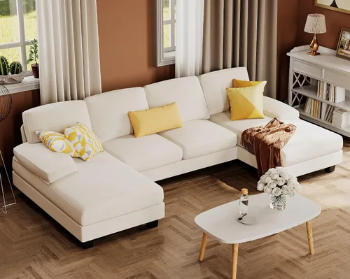 Miniatura 14 de Furmax - Sofás seccionales para sala de estar, sofá en forma de U con tela de lino, juego de sofá de 4 plazas con doble chaise para apartamento Beige