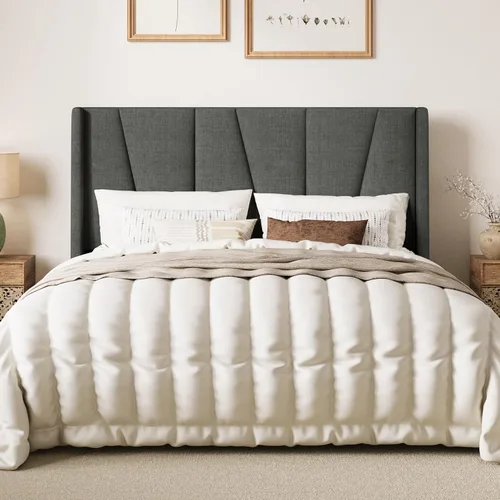 SHA CERLIN Base de cama tamaño Queen con cabecera geométrica con respaldo de ala, plataforma tapizada con soporte de listones de madera, espacio Gris