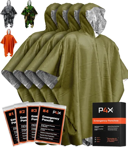 PREPARED4X Poncho de emergencia Mylar – Poncho de lluvia de supervivencia con capucha – Ligero, compacto, reutilizable, manta de emergencia Poncho