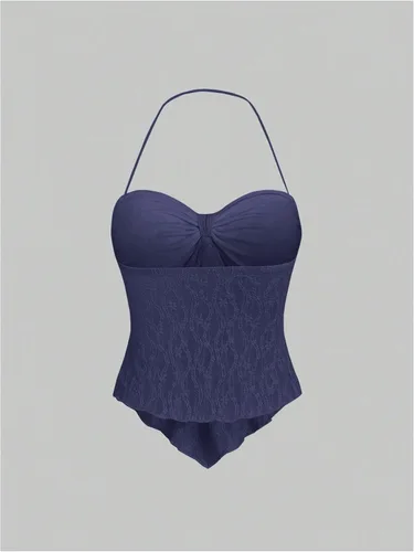 Miniatura 2 de SHENHE Top halter de encaje para mujer, nudo frontal, espalda descubierta, asimétrica, Y2k, coqueta, sin espalda, para salir