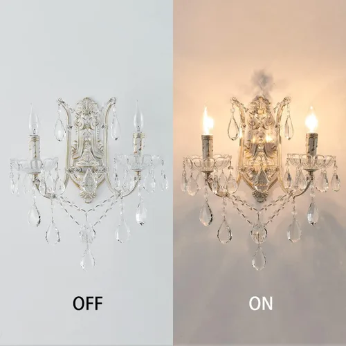 Miniatura 6 de YLONG-ZS Aplique de pared de cristal de campo francés, 2 luces envejecidas estilo vela de oro blanco con cristales de lágrima, decoración