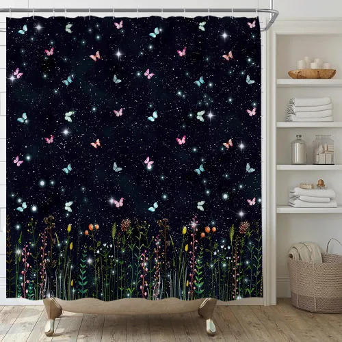 Miniatura 5 de Cortina de ducha de flores y mariposas, flores de flores, primavera, naturaleza, fantasía, jardín, tela para el hogar, juego de decoración de baño