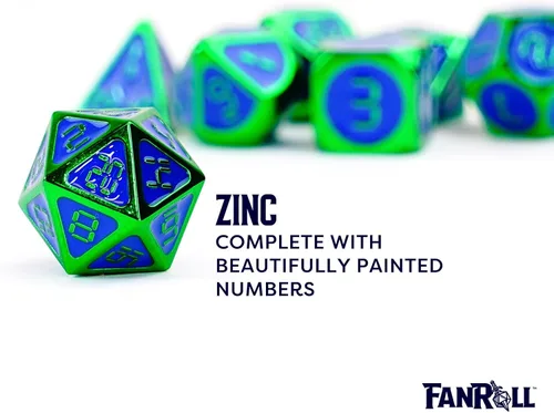 Miniatura 4 de FanRoll - Juego de dados poliédricos de metal de 0.630 in: verde con esmalte azul, dados de juego de rol para Calabozos y Dragones