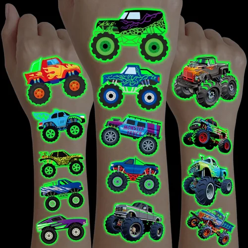96 tatuajes temporales precortados de Monster Truck para niños, suministros para fiestas de cumpleaños, recuerdos y decoraciones súper lindos,