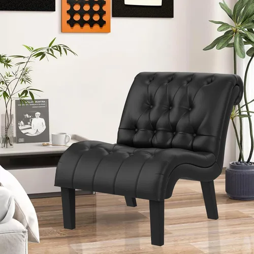Miniatura 7 de Silla decorativa de piel sintética negra moderna con botones capitoné tapizada sin brazos para dormitorio, sala de estar con patas de madera