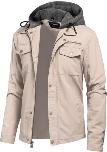 Miniatura 13 de Pursky Chaqueta de lona de algodón militar casual para hombre con capucha desmontable