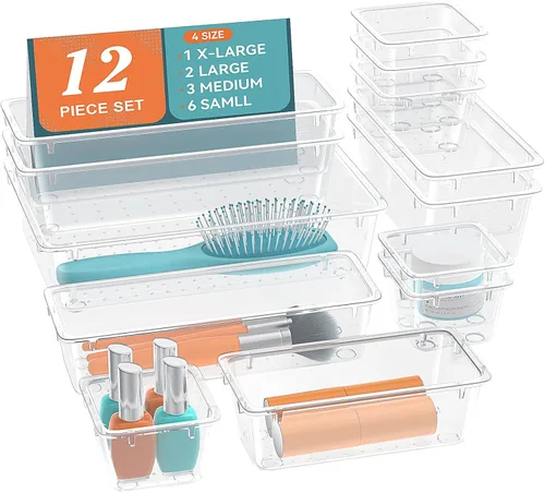 Miniatura 12 de ElegantArray Juego de organizador de cajones de 12 piezas, 4 tamaños, organizador de tocador de plástico versátil para maquillaje, papelería, Negro