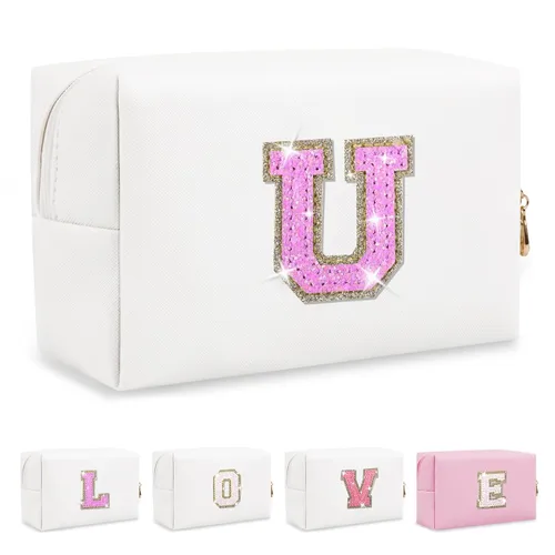 Miniatura 412 de Pequeña bolsa de maquillaje personalizada con inicial A-Z Preppy Patch, bolsa de cosméticos de viaje de felpilla blanca con cremallera, bonita bolsa