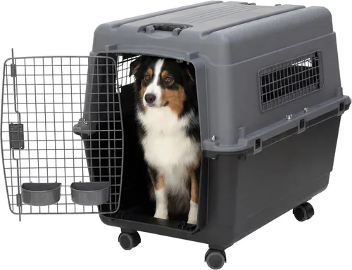 SportPet - Jaula de viaje para perros con puerta de alambre aprobada por aerolíneas, de plástico duradero con ruedas extraíbles, plegable, cuencos