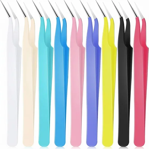 Miniatura 11 de Honoson 9 pinzas curvadas puntiagudas para manualidades, pinzas de precisión de acero inoxidable con cubierta protectora para diamantes