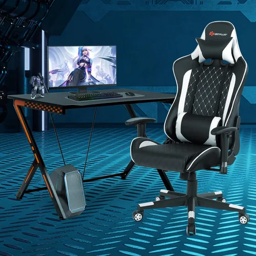 Miniatura 2 de Goplus Juego combinado de escritorio y silla para juegos, estilo de carreras, estación de trabajo para jugadores con soporte lumbar y reposacabezas