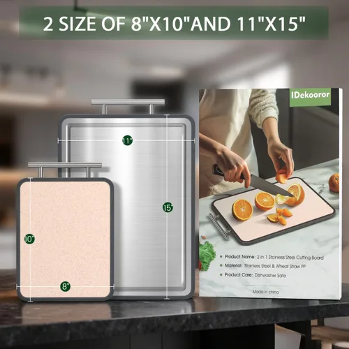 Miniatura 2 de Tabla de cortar de acero inoxidable de 8 x 10 y 15 x 11 pulgadas, tabla de cortar de acero de doble cara para cocina, paja de acero y trigo, tabla