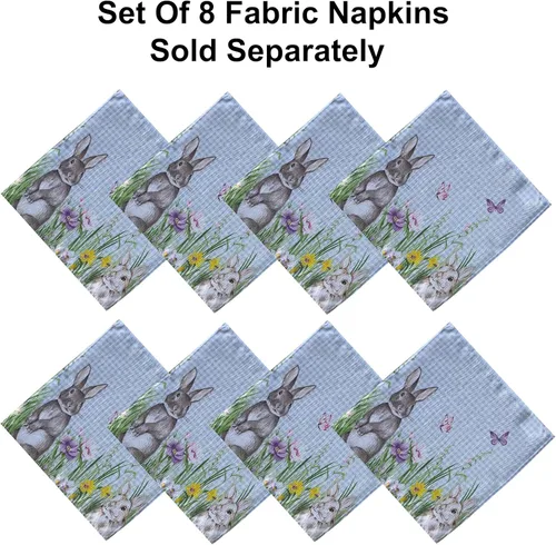 Miniatura 3 de Manteles Newbridge con diseño de Pascua, primavera, prado y conejos bordados, adorable tela de mantel con conejos y de color azul, con estampado a