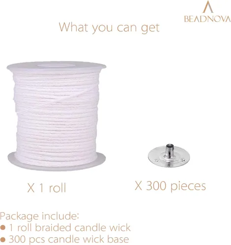 Miniatura 3 de BEADNOVA Carrete trenzado de mecha de vela con juego de base, rollo de cuerda de vela de algodón de 200 pies y 300 clips de mecha, pestañas