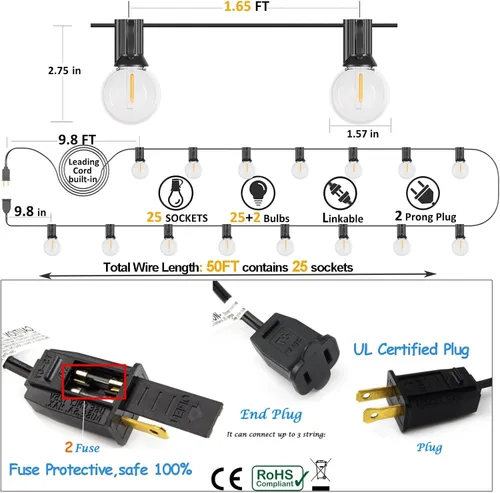 Miniatura 2 de Cadena de luces LED G40 de 50 pies para exteriores, luces de patio, conectables, impermeables, 27 bombillas inastillables (2 extra), 25 luces Negro