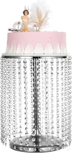 Miniatura 12 de Bigsee Juego de 3 soportes para pasteles dorados, soporte de pastel de metal con espejo, pedestal de pastel con colgantes de cristal y cuentas