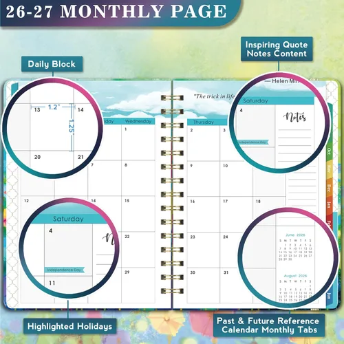 Miniatura 4 de Lemome Agenda 2026-2027 Oficina y hogar, papel grueso, julio 2026-junio 2027, pestañas mensuales, cierre elástico, calendario académico vista
