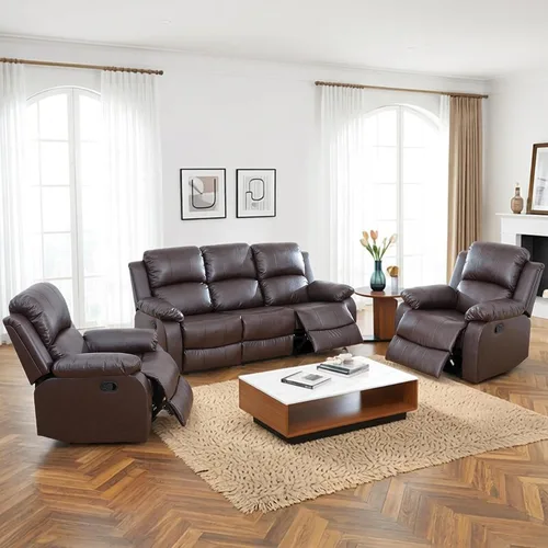 Miniatura 8 de Faux Leather Manual Recliner Sofa Set, 3 Piece Living Room Furniture Set, Loveseat Reclining Couch and 2 Recliner Chairs for RV Home Theater (Black)