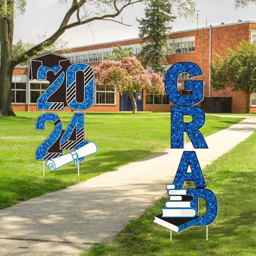 Miniatura 5 de URATOT 4 letreros azules de graduación 2024 con estacas brillantes de graduación para césped de graduación de clase de 2024, decoraciones de fiesta
