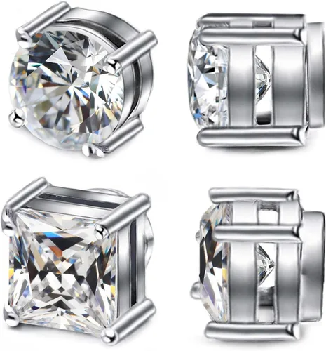 Miniatura 2 de ADAIER 2 pares de aretes magnéticos de acero inoxidable para hombres y mujeres, circonita cúbica sin perforación, hipoalergénicos de 0.23 a 0.31