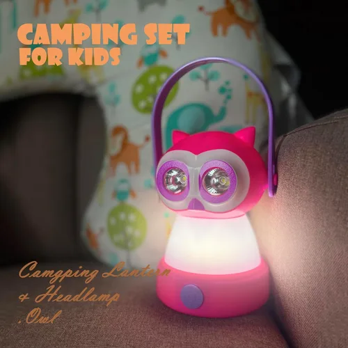Miniatura 3 de Juego de Linterna y Diadema de Búho para Niños, Luz Nocturna de Camping LED 360° 2-en-1, Alimentada por Batería 3×AA, ABS Segura para Niños, Juguete