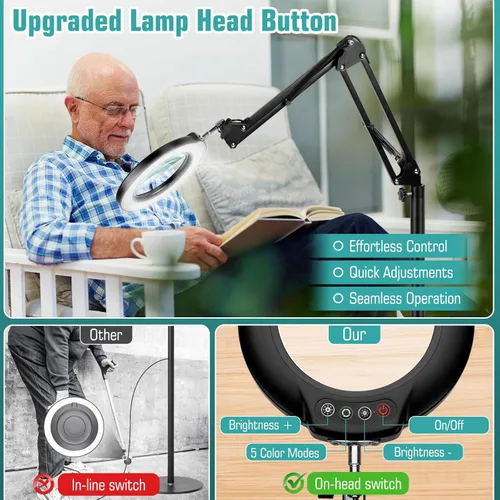 Miniatura 4 de Lupa 12X con luz y soporte, lente de cristal real (no acrílica), 5 modos de color, regulable continuo, lámpara de pie LED 3 en 1, brazo oscilante
