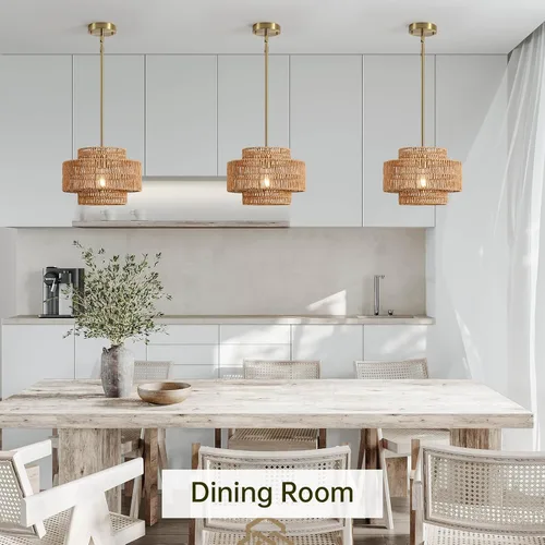 Miniatura 6 de 12.4” Candelabro de ratán boho, 1 luz, lámpara colgante tejida a mano, lámpara colgante rústica de estilo granja para isla de cocina, recámara