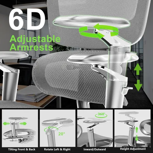 Miniatura 4 de Silla de oficina ergonómica con reposapiés, silla de escritorio de malla de respaldo alto, soporte lumbar y reclinable de 90-135°, reposacabezas 3D