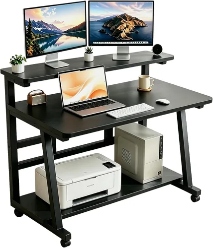 Escritorio compacto de 31.5 pulgadas para computadora con mesa de trabajo de niveles y ruedas con bloqueo, escritorio pequeño para dormitorio,