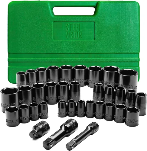 Steel Vision Juego de 35 piezas de cubos de impacto, 1/2" de profundidad llana (métrico 9-30mm, SAE 9/16"-1") y 3/8" de profundidad llana (métrico