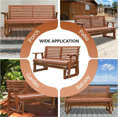 Miniatura 7 de Silla Mecedora Deslizante para Exteriores de 2 Plazas, Deslizante de Patio de Madera de 5 Pies con Respaldo Alto Curvado, Portavasos y Contorno