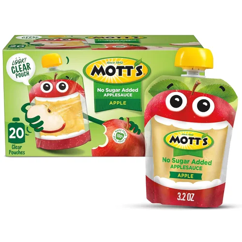 Mott's Puré de manzana sin azúcar añadido, hecho de fruta real, sin sabores artificiales, bolsas transparentes de 3.2 onzas, paquete de 20