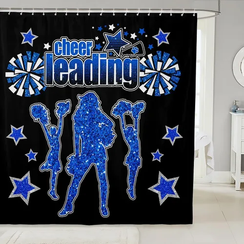 Cortina de ducha de animadoras, cortina impermeable con purpurina azul vaquero para adolescentes y mujeres, cortina de baño de equipo animador,