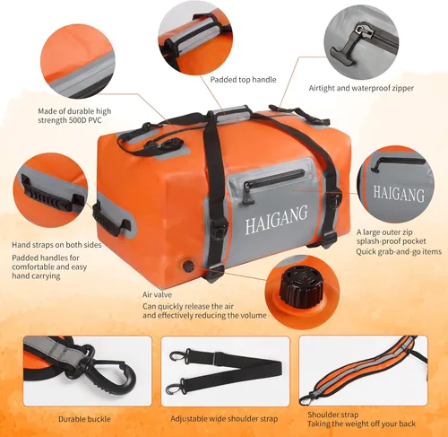 Miniatura 5 de Bolsa de lona impermeable de 70 L, bolsa seca de viaje, gran capacidad, correas y asas ajustables gruesas, cierre de cremallera, válvula de aire