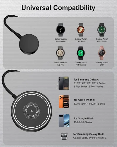Miniatura 6 de Cargador inalámbrico para Samsung 2 en 1, almohadilla de carga inalámbrica magnética para Samsung Galaxy Watch8 Classic/8/7/6/5/4/3,15W estación