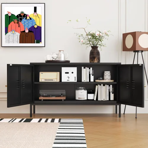 Miniatura 4 de Gabinete de almacenamiento de metal, soporte de TV de 2 puertas, armario decorativo con puertas y estante ajustable, armario de metal, mesita
