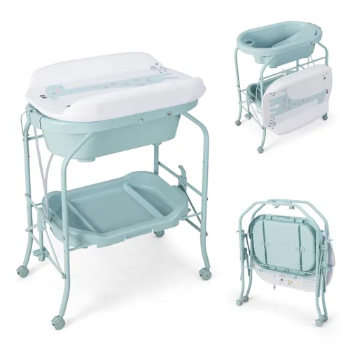 HONEY JOY Mesa cambiadora para bebé con bañera, estación plegable para cambio de pañales de bebé con ruedas, bandeja de almacenamiento, almohadilla