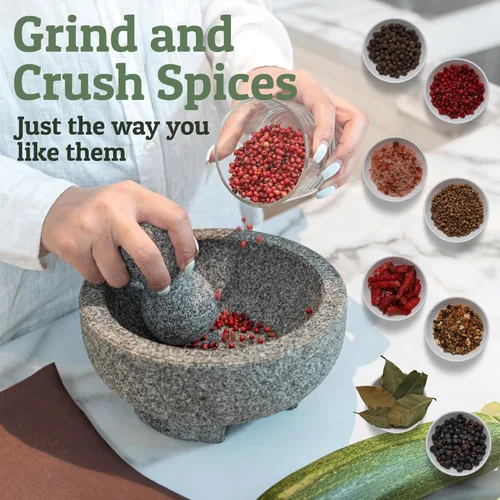 Miniatura 3 de PriorityChef - Juego de mortero y mano de mortero de granito – Molcajete Mexicano de piedra natural de 6.1 pulgadas para especias, condimentos