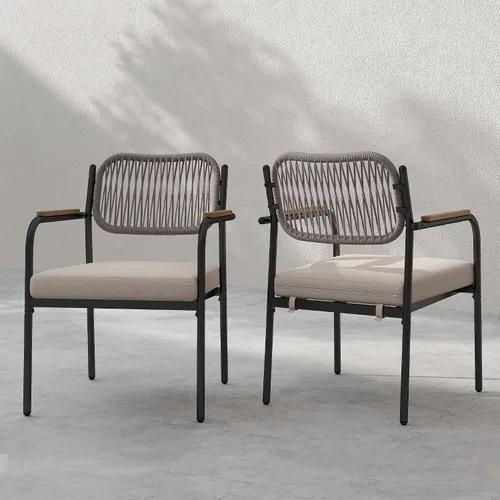 Juego de 2 sillas de comedor para exteriores, sillas de comedor de mimbre para patio con cojines extraíbles, silla de mesa rectangular para patio,