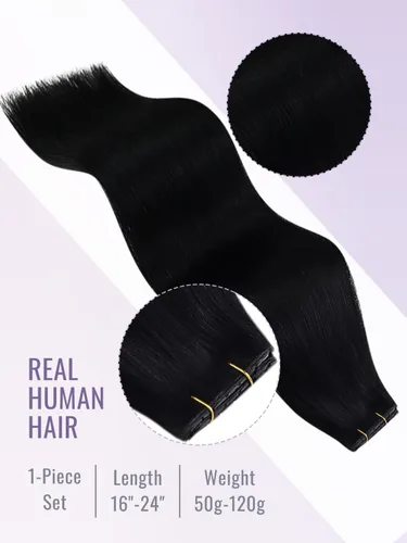 Miniatura 5 de Fshine Extensiones de cabello humano real con trama de mariposa, trama invisible sin costuras, 16 pulgadas negro azabache, 1.76 oz, 1.76 onzas
