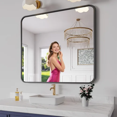Miniatura 16 de Koonmi Espejo de baño, 30 x 30 pulgadas, espejo con marco de metal negro para baño, vidrio templado, antioxidante, espejo rectangular redondeado
