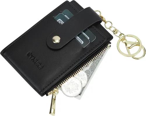 Miniatura 5 de Tarjetero de cuero para mujer, con bloqueo RFID, delgado y pequeño, con cremallera, llavero, bolsillo frontal, con 2 ventanas para identificación