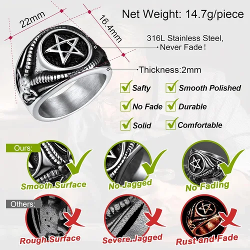 Miniatura 4 de FaithHeart Satanic Jewelry Baphomet - Anillos de cabra con sello de símbolo de Lucifer Satanás, para hombres y mujeres, tamaño 7891011121314