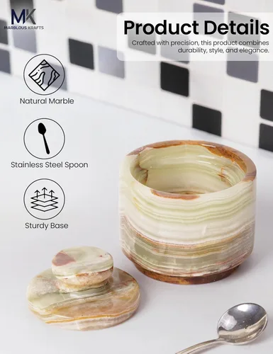 Miniatura 5 de MARBLOUS KRAFTS - Recipiente de sal de mármol con tapa y cuchara de 3" en piedra verde, plato de sal navideño decorativo para almacenamiento
